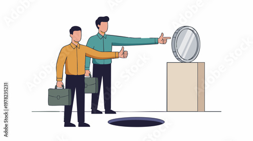 Businessmen analyze financial risk and opportunity with coin and hole