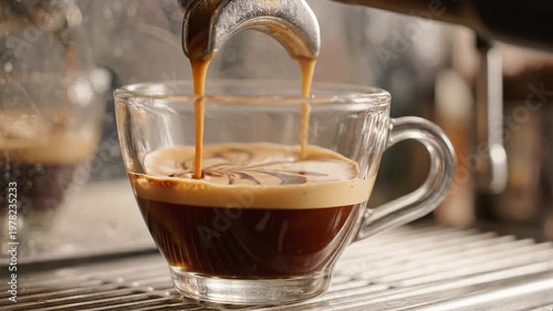 Freshly Brewed Espresso Pouring from Professional Machine into Glass Cup with Rich Golden Crema