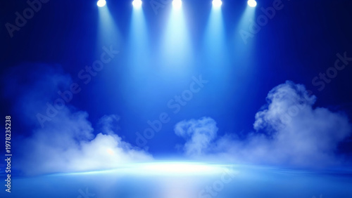 Empty stage illuminated by overhead spotlights with fog