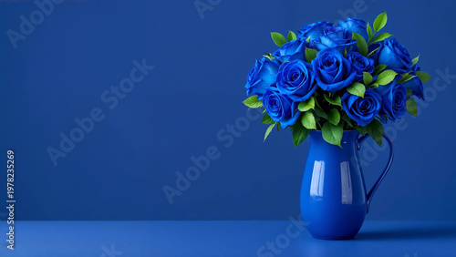 Blue rose bouquet arranged in ceramic pitcher on table