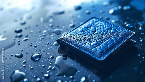 Leather wallet resting wet on reflective dark tabletop surface
