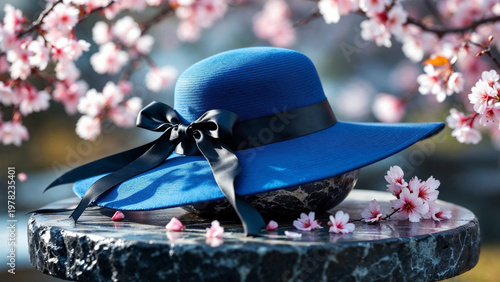 Blue wide brim hat resting on stone table with cherry blossoms