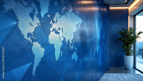 World map mural displayed on modern blue office interior wall