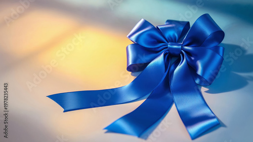 Satin blue ribbon bow lying on smooth reflective surface