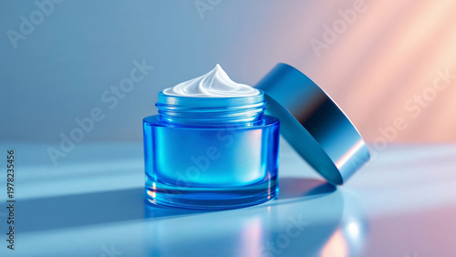 Skincare cream jar open with lid beside on reflective surface