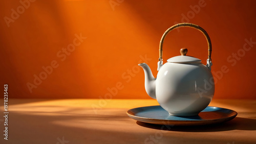 White ceramic teapot resting on orange tabletop with plate