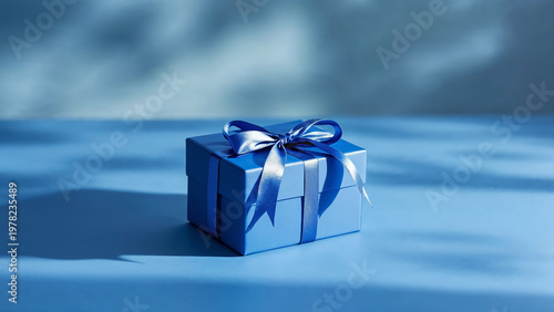 Blue gift box with ribbon placed on monochrome blue surface