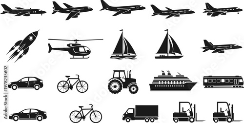 Transportation and Vehicle Icon Set with Cars, Aircraft, Boats, Bikes, and Trucks for Travel, Shipping, and Movement Illustrations