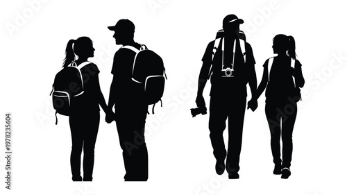 Four people walking together viewed from the side a striking silhouette