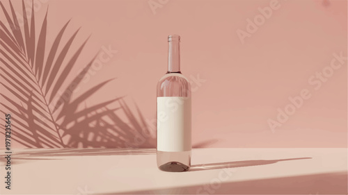 a bottle of wine with a white label on a pink background with a palm leaf shadow