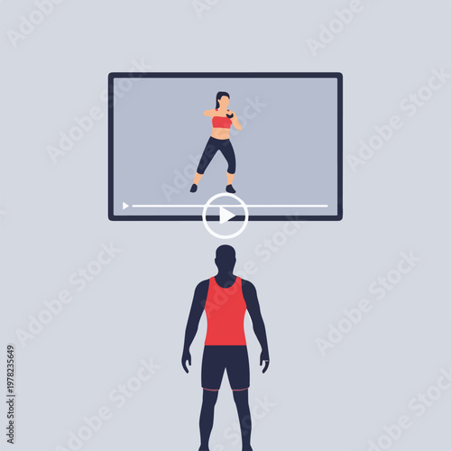 Athletic man watching a fitness tutorial video on a screen to learn proper form for his daily exercise