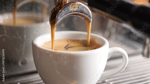 Professional Espresso Machine Pouring Fresh Coffee into a White Cup with Rich Crema