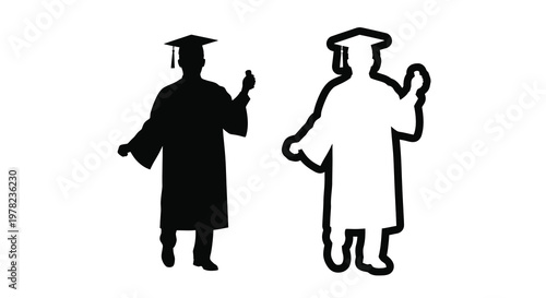 Two graduates in black robes celebrating a striking academic silhouette