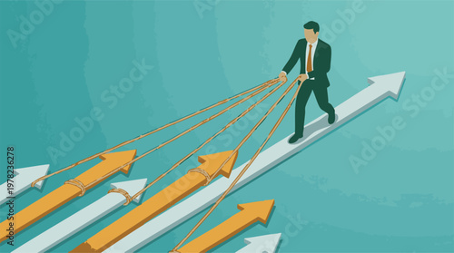 Businessman leading multiple upward arrows, a concept of business strategy and growth