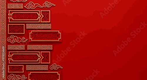 Red background with decorative golden elements.