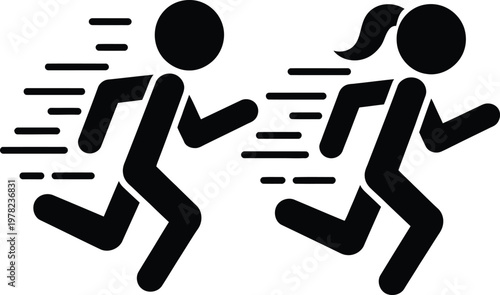 Two stylized runners depicted with speed lines indicating motion