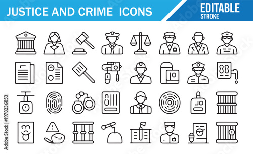 Court and police icon pack line style for justice system and legal services design