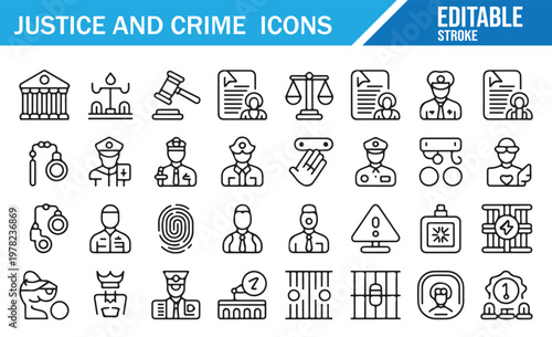 Justice and legal line icon collection for trial, verdict and criminal investigation