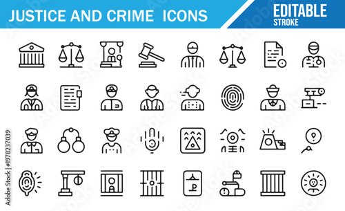 Crime and law line icon set for legal services, judiciary and investigation concepts