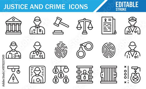 Justice system outline icon pack with police, court, forensic and legal symbols