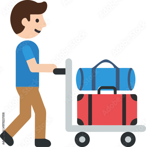 Young man pushing a heavy airport trolley with colorful luggage bags while walking towards his vacation departure gate