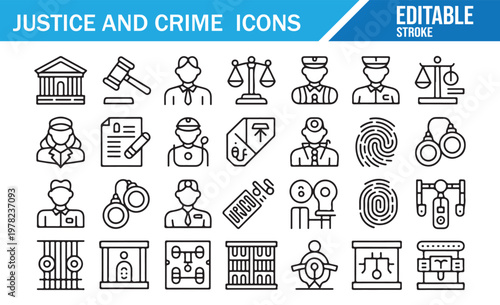 Law and legal line icons collection for crime investigation, court and security design