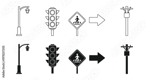 Street signs traffic lights and lamps in a black silhouette