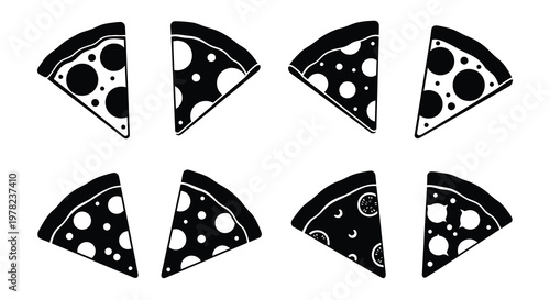 Eight pizza slices depicted in a striking black and white silhouette
