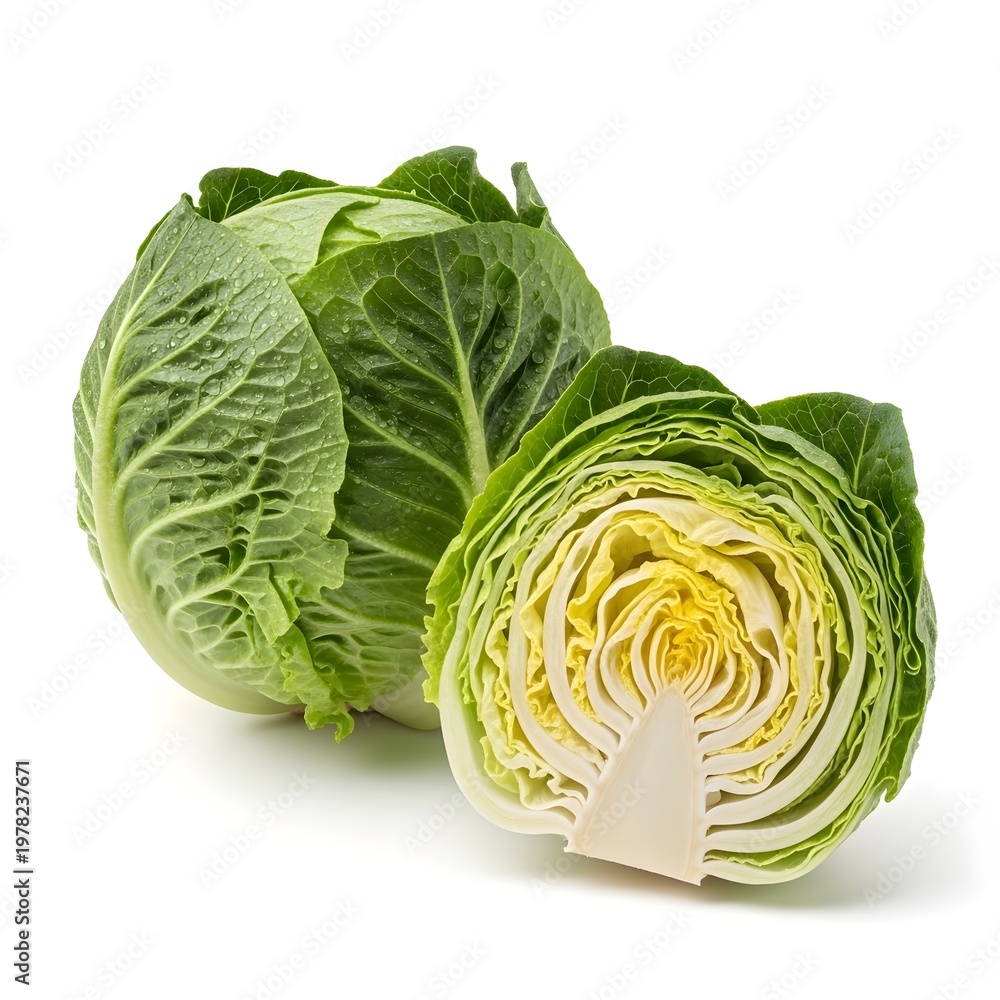 Obraz premium Whole butterhead lettuce beside one cut showing soft leaves, isolated white background