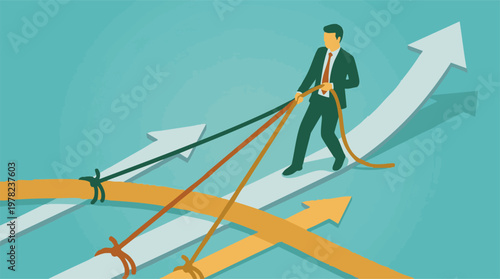 Businessman balancing multiple strategic paths to achieve business growth.