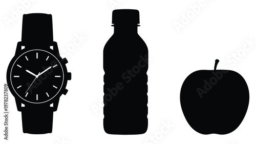 A watch bottle and apple depicted in stark black silhouette