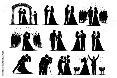 Silhouettes of wedding ceremony and celebration with bride and groom.