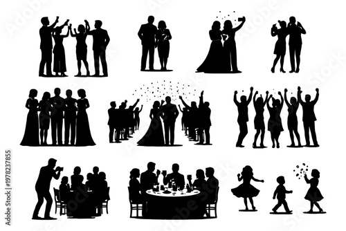 Diverse silhouettes of people celebrating and dancing at a social event.