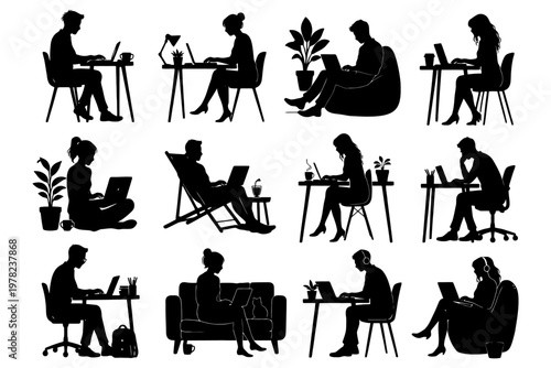 Silhouette office workers at laptops in various poses and settings.