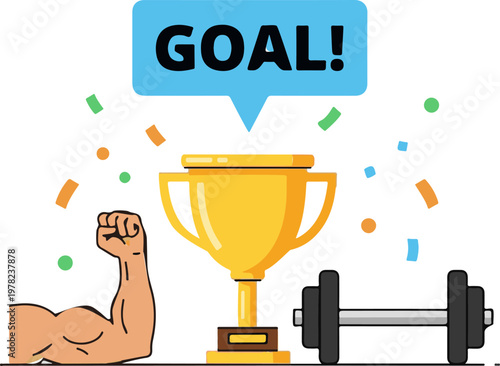 Muscular arm flexes beside a golden trophy and heavy dumbbell representing sports victory and achieving personal fitness goals