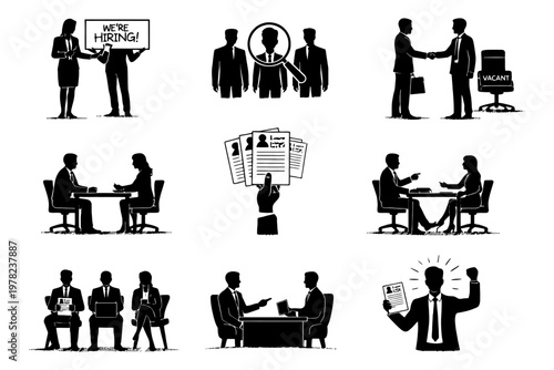 Business recruitment and interview process silhouettes and icons set.