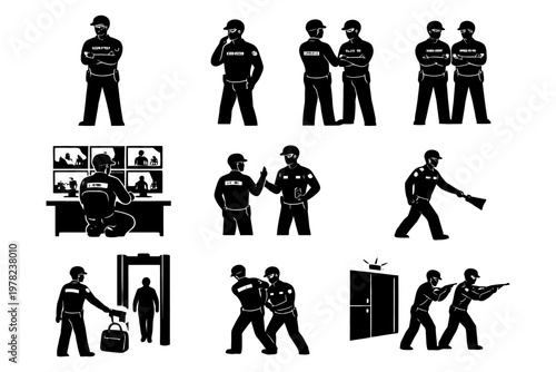Security personnel in various situations: surveillance, patrolling, arrest, emergency response.