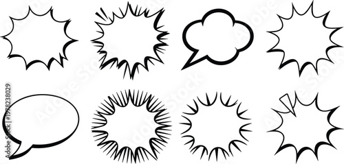 Collection of hand drawn comic book speech bubbles and explosion effects