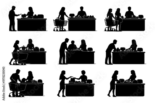 Silhouette of people shopping at checkout counters in grocery store.