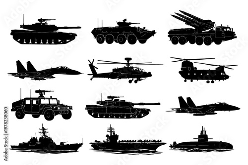 Military vehicle silhouettes: tanks, aircraft, ships, helicopters, submarine.