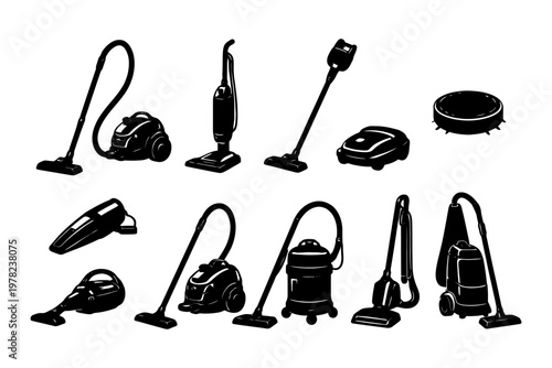 Various vacuum cleaner designs featuring handheld canister and robotic models.