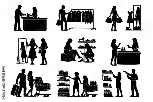 Silhouette of men and women shopping for clothes and cosmetics in various settings.