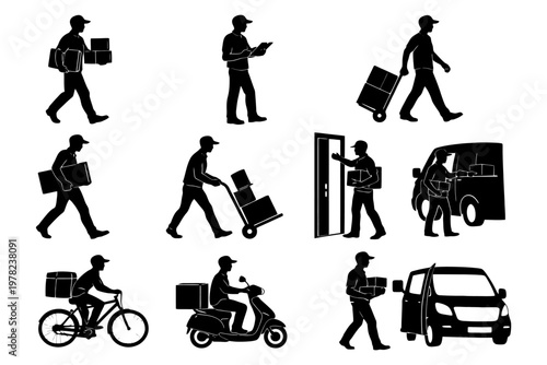 Silhouettes of delivery workers in various activities and transportation modes.