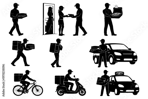 Silhouette pizza delivery scenarios: male driver on bike, scooter, and car interacting with customer.