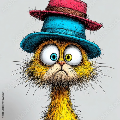 Funny Cat with Colorful Hats on Grey Background for Quirky Character Design