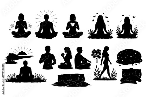 Yoga and meditation silhouettes: serenity and nature themes.