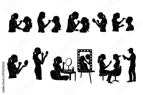 Silhouettes of people getting makeup and hair styles in various positions.