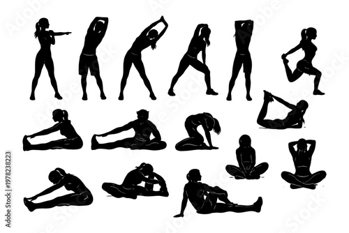 Silhouettes of diverse adults practicing various stretching exercises.