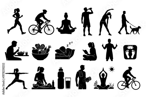 Silhouettes of diverse fitness activities and healthy lifestyle icons.