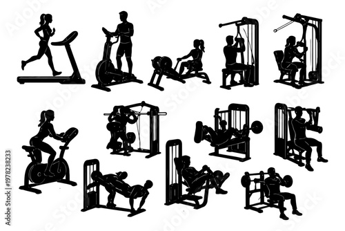Silhouette illustrations of men and women exercising on fitness equipment.